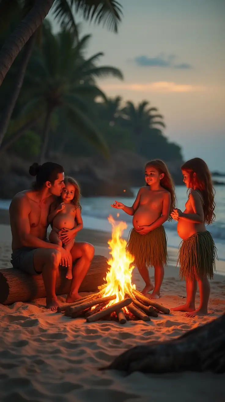 a family of castaways around a bonfire on a beach. father sits on a log holding a petite daughter, kissing her. mother sits near father nursing an infant. several preteen daughters are dancing. each girl is holding an infant, has long copper hair and is wearing a grass skirt, showing off a pregnant belly.