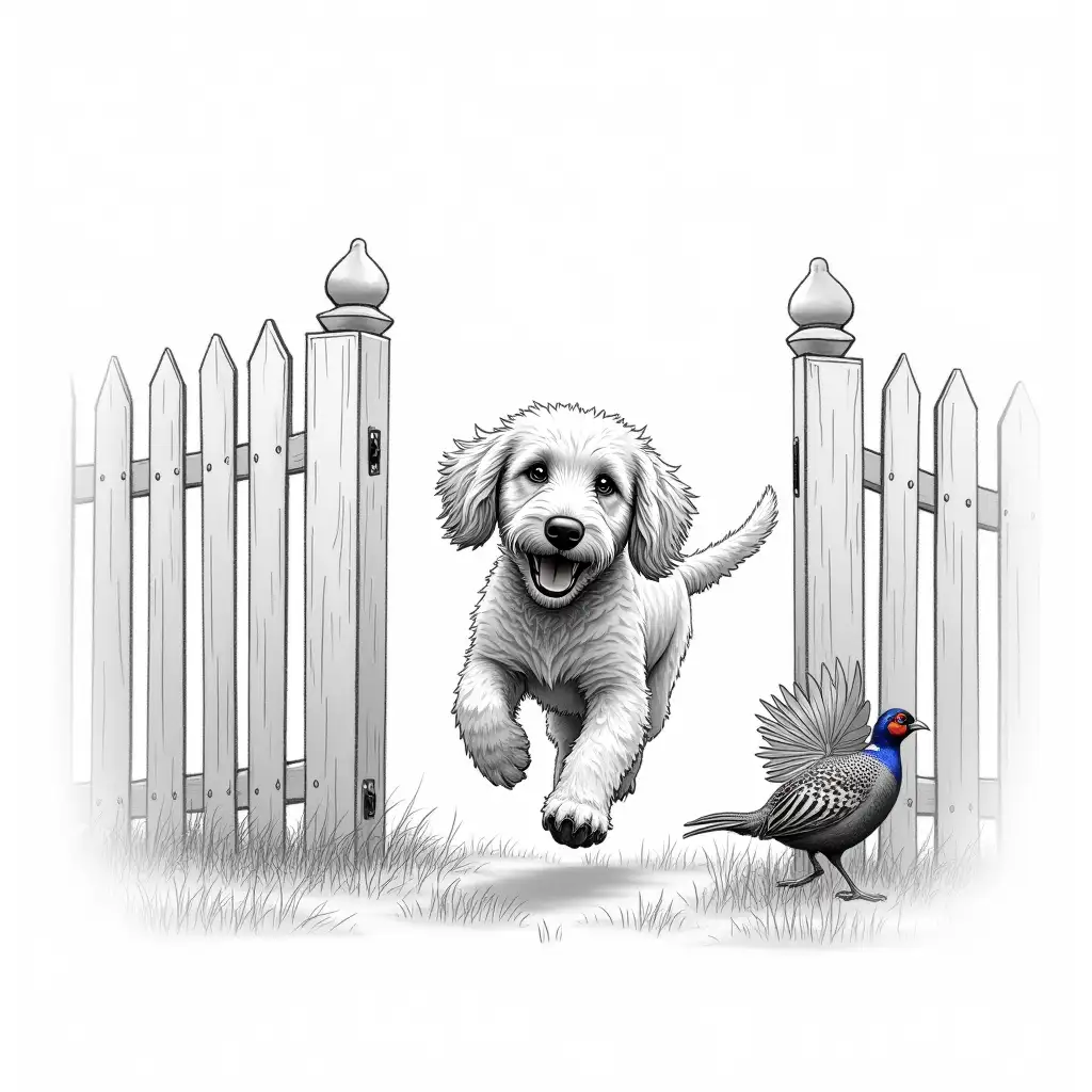 Cockapoo-Chasing-Pheasant-Through-Picket-Fence-Gap-Black-and-White-Sketch