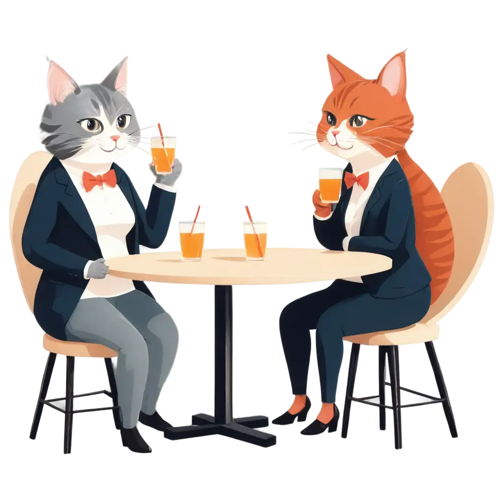 cartoon illustration of two cats sitting at the bar enjoying drinks and snacks