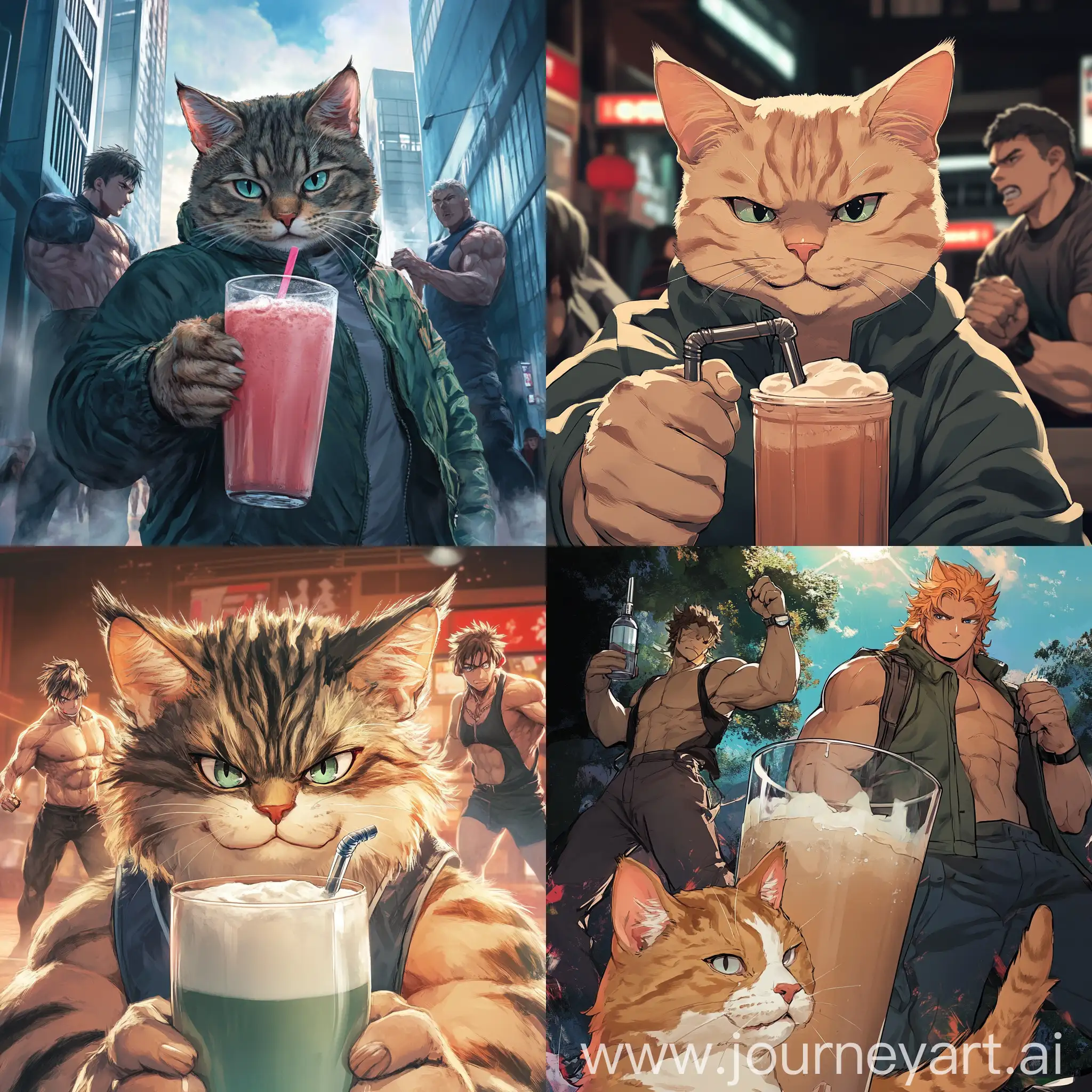 Anime-Style-Men-Fighting-with-Sad-Cat-and-Protein-Shake