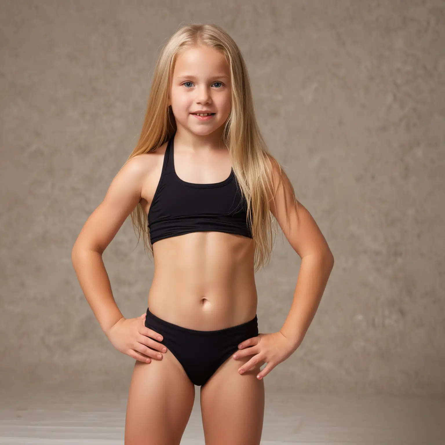 Young-Girl-with-Long-Blonde-Hair-in-Black-Bathing-Suit-Displaying-Muscular-Abs