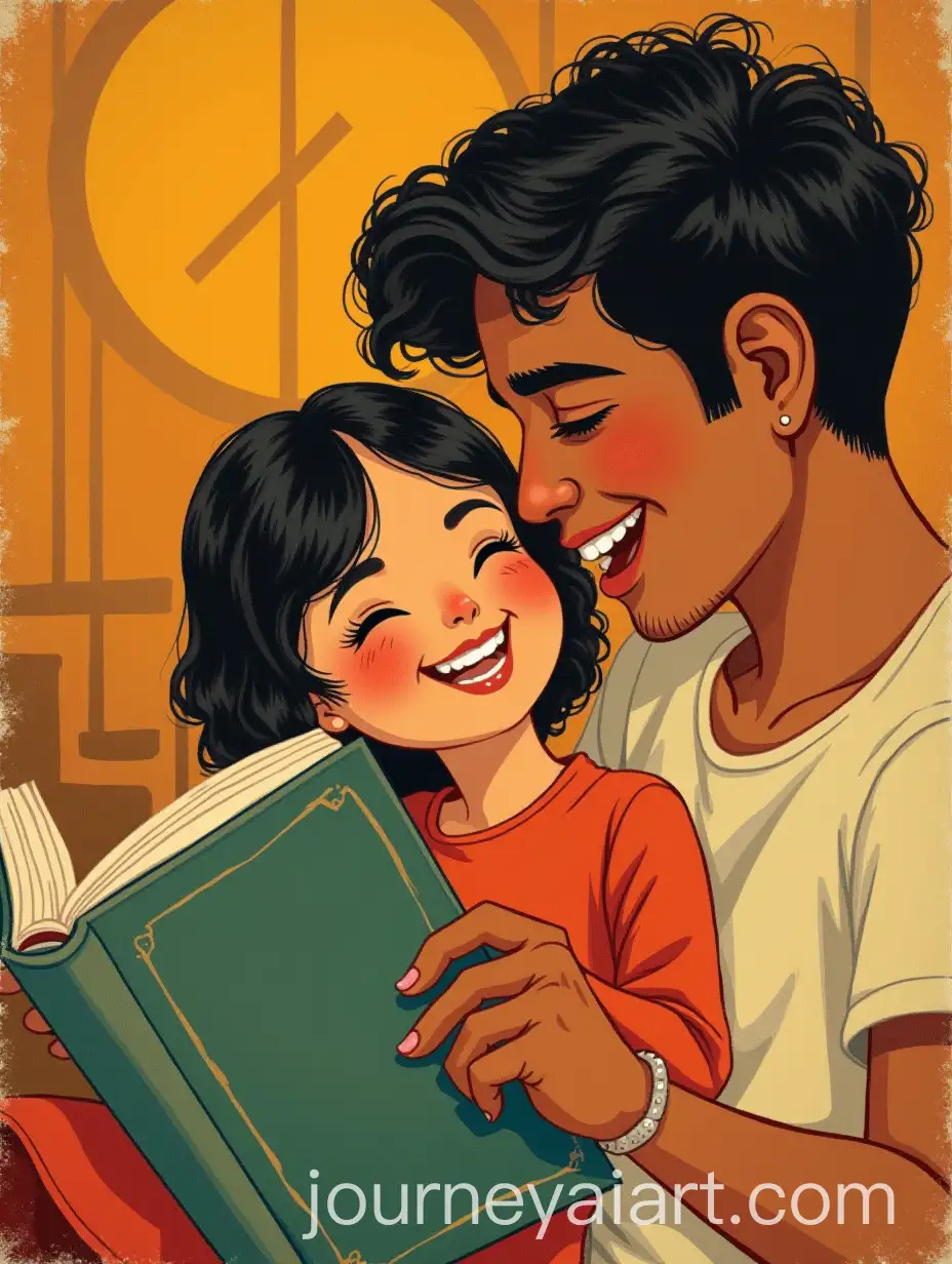 Happy-Man-and-Girl-Reading-Book-by-Mary-Jane-Art-Deco-Illustration