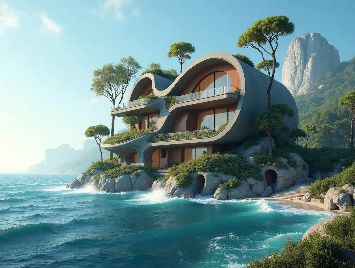 Create a high-resolution, realistic image of a panorama of a futuristic terrace building with window snail house with many plants and gray and brown facades with sea with very large waves, big trees, blue sky