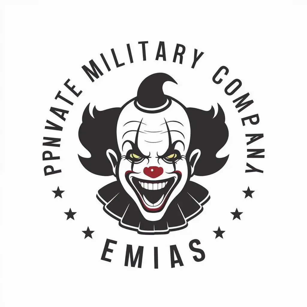 a vector logo design,with the text "Private military company EMIAS", main symbol:Evil laughing clown,complex,be used in Medical Dental industry,clear background