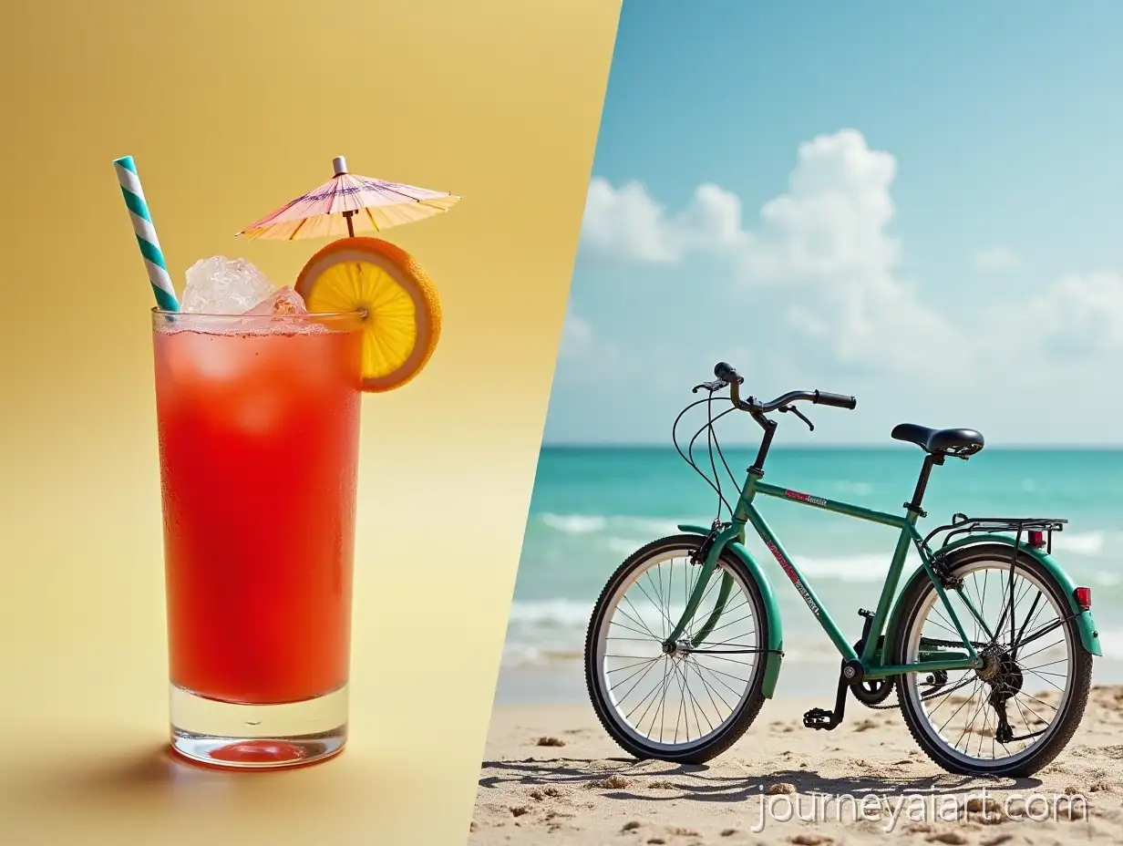 Cocktail-Drink-with-Ice-and-Bike-on-a-Split-Background
