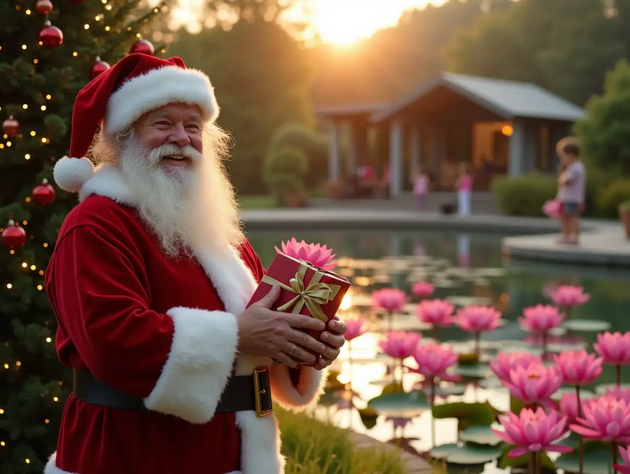 Cheerful and smiling Santa Claus stands near the Christmas tree and gives gifts to happy families - moms, dads and children, and behind them there is a view of a large pond with large pink water lilies, on the other side of the pond with large pink water lilies, children and other people are walking and playing by the water, on the other side there is also a simple wooden pergola and a chalet house with panoramic windows in all walls from floor to roof, that is, each the wall is a panoramic window, everything else around the pond is a minimalist landscape design, a sunset sunny day and lots of sunset sunlight, the foreground is in focus and the background is blurred