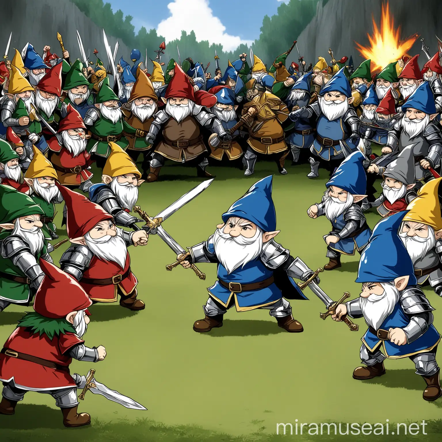 Epic Battle of Knights and Gnomes Amidst AnimeStyle Warfare