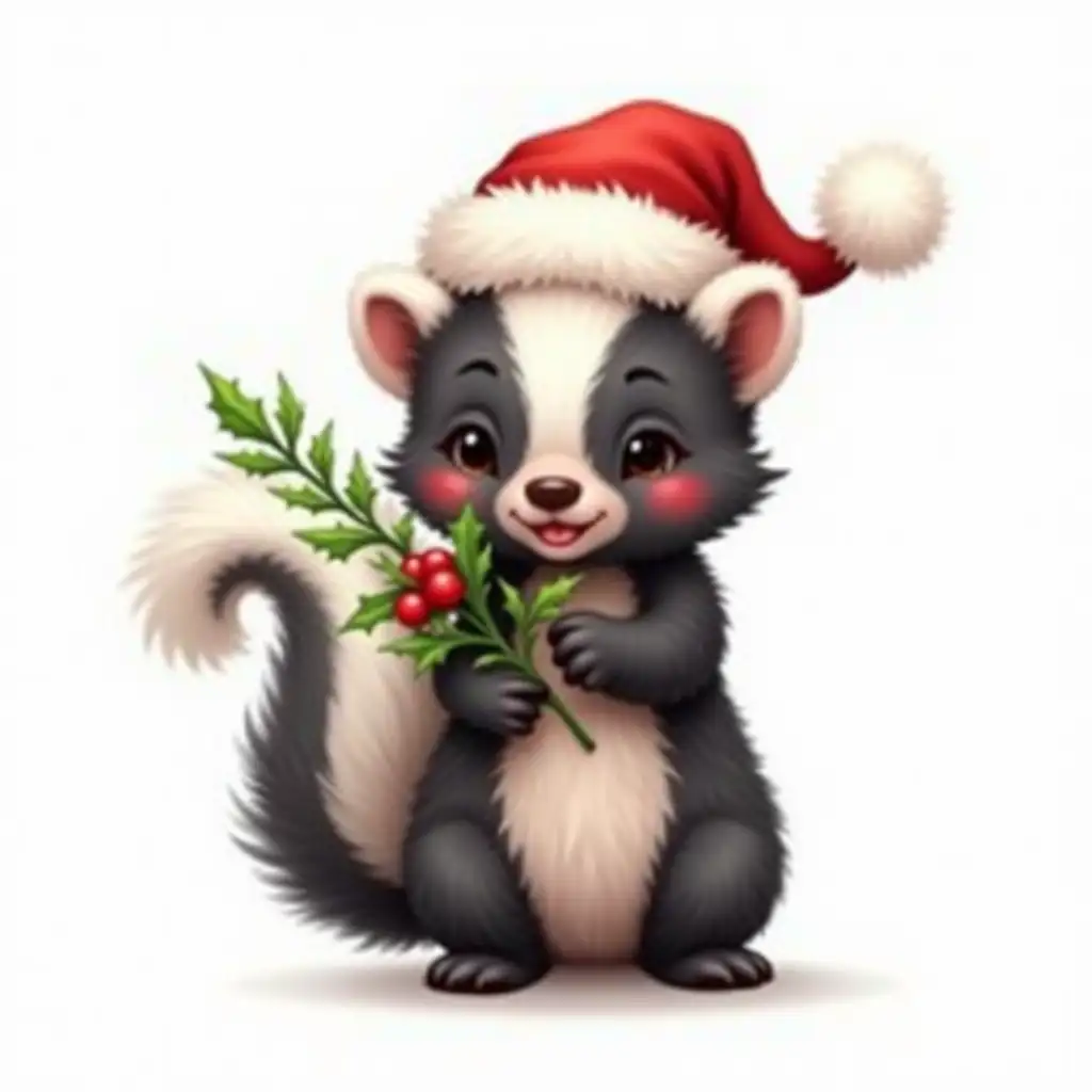 Kawaii Skunk in Christmas Hat Holding Mistletoe