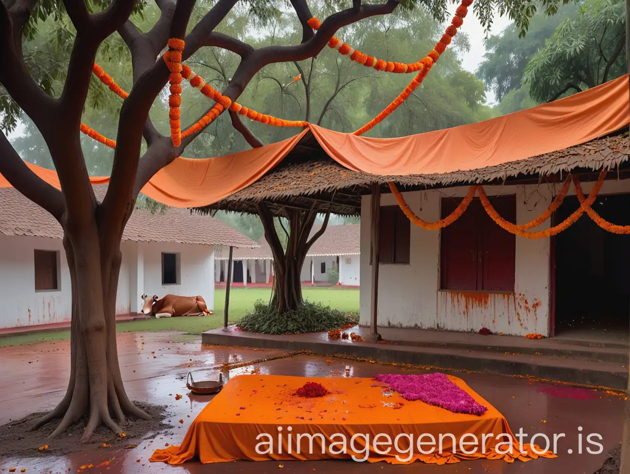 under a tree of an indian ashram ,on a wet  wood bed a orange bed sheet is there and on the bed sheet some broken garlands and flowers are there, some red powder are fall on the bed ...and a cow is sitting on the bed , show full view  the ashram courtyard ,objects are here and there ,its night time