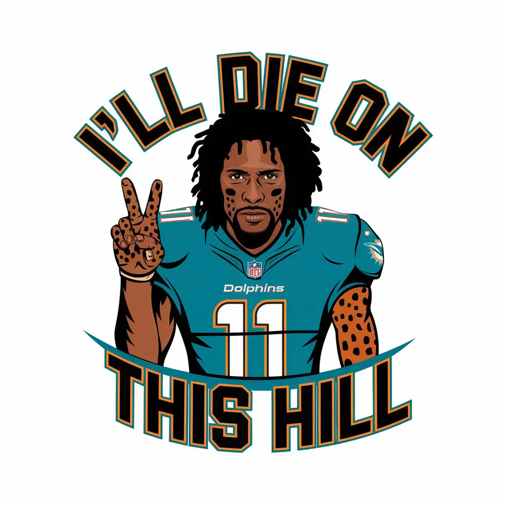 LOGO Design for Ill Die on this Hill Miami Dolphins Wide Receiver Hill 11 with Dreadlocks and Cheetah Holding Peace Sign on Clear Background