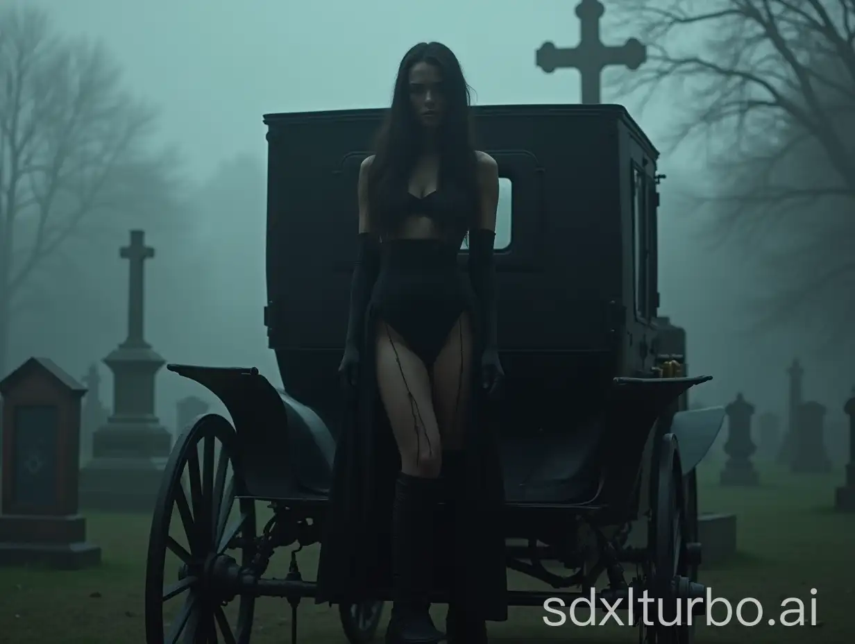 Dark-Beauty-in-ThighHigh-Boots-Entering-an-Old-Carriage-in-a-Foggy-Cemetery