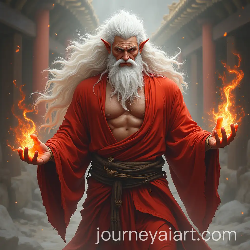 AI-Image-Prompt-ExpansionMale-Red-Oni-with-White-Hair-and-Elemental-Magic-in-Rugged-Buddhist-Robe