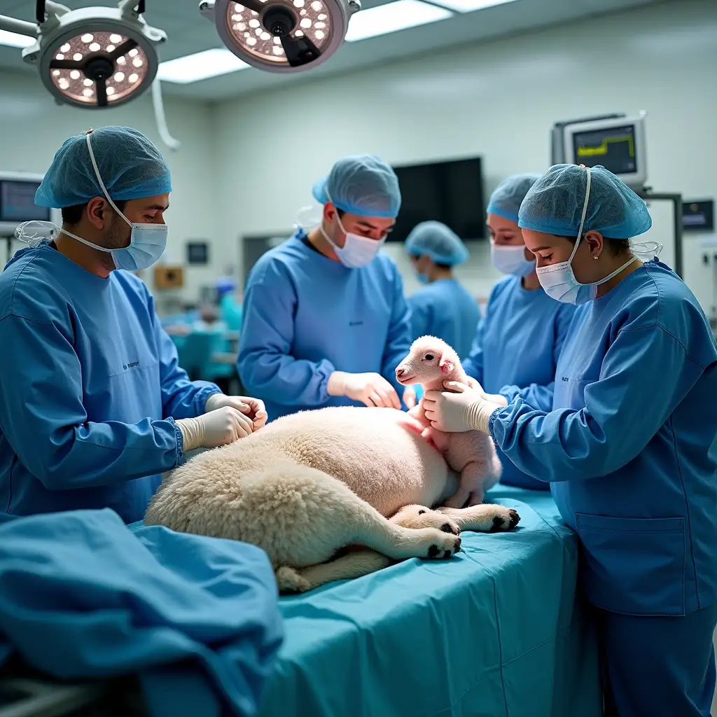 In a sterile veterinary operating room, a team of surgeons in blue gowns and masks performs a delicate C-section on a massive, white pregnant sheep lying calmly on a surgical table. The sheep’s enormous belly is exposed, and one surgeon carefully holds a tiny newborn lamb, its eyes wide and shining, while another assists with the procedure. The operating room is filled with advanced medical equipment, including heart monitors, IV stands, and surgical lights. The atmosphere is tense but hopeful, with bright overhead lights illuminating the team’s precise work.