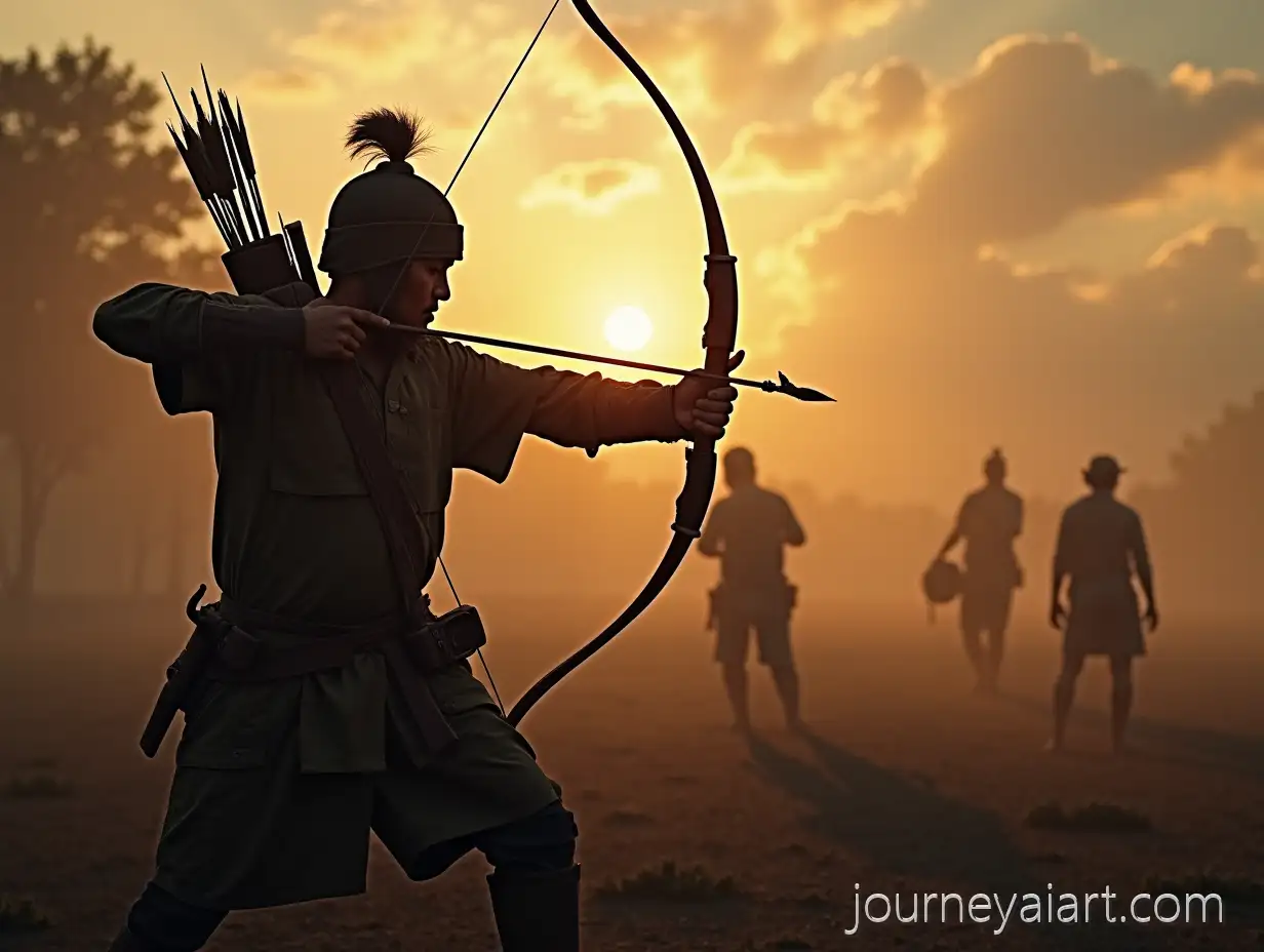 Indonesian-Traditional-Battlefield-with-Sword-Drawn-Archer-and-Silhouettes-of-Fallen-Warriors