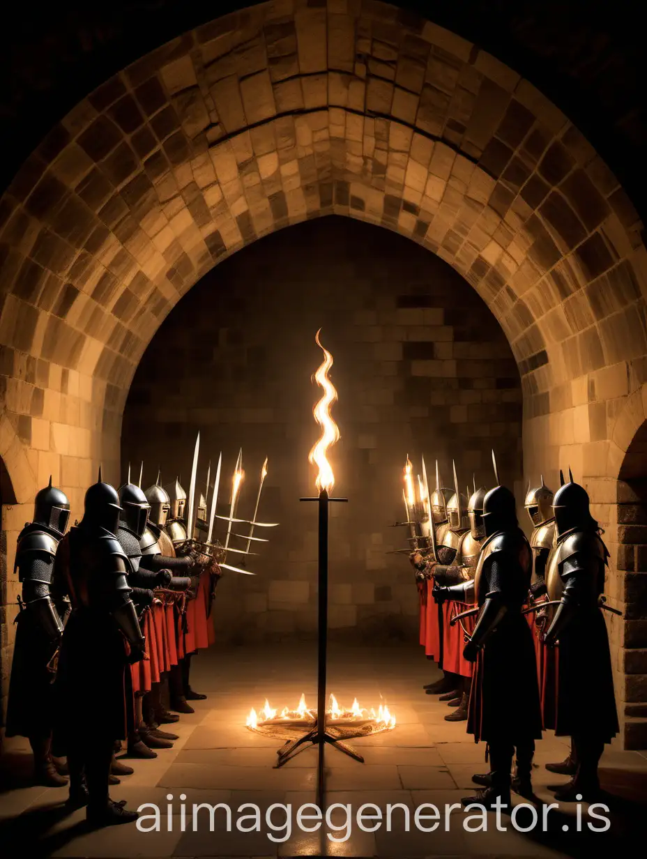 In the middle ages, in a hall of a templar castle, 9 knights Templars contemporary and close to Jacques de Molay are in a circle with him their sword raised their point touching at the center of the circle. The room is lit by torches and the scene is seen from the frame of a Romanesque architecture arch.