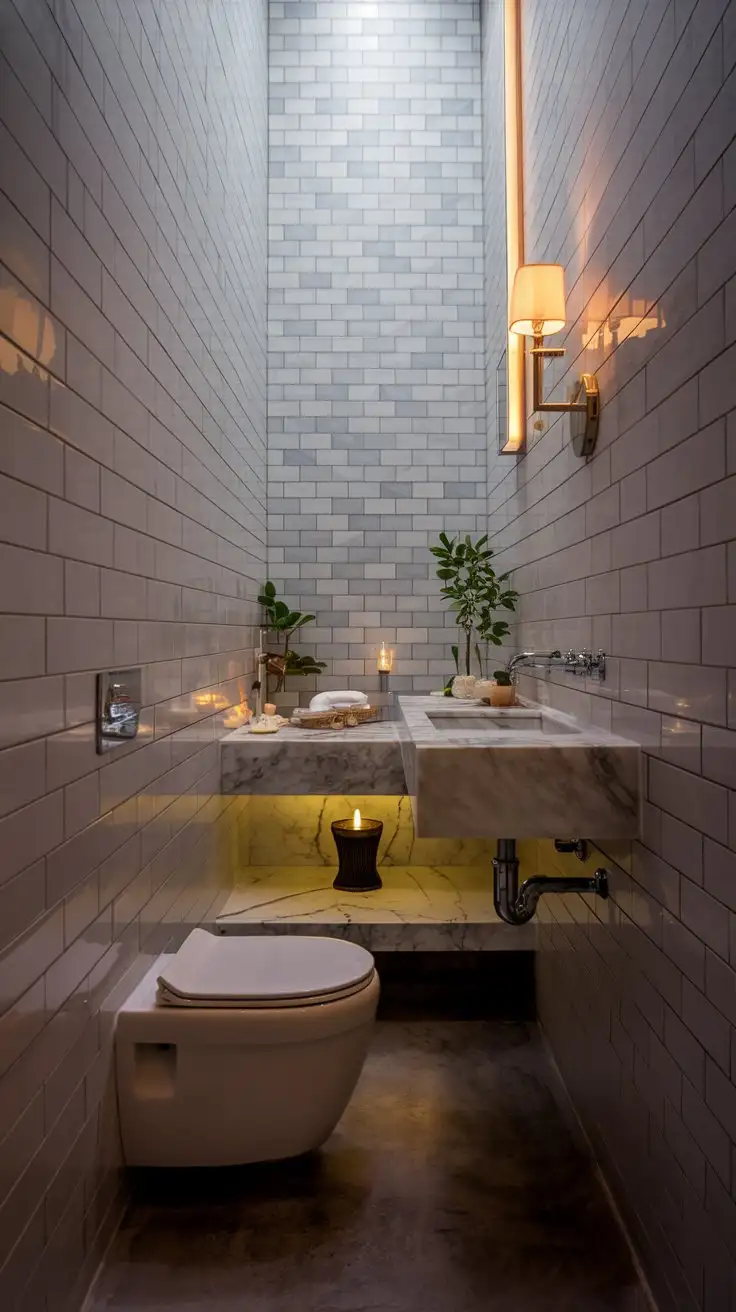 Wide shot of a real stunning small modern bathroom showcasing a cozy and intimate atmosphere.  Warm lighting, soft textures, inviting feel.  Minimalist design, natural elements, luxurious touches. Spa-like atmosphere, clean lines, modern style, personal retreat.