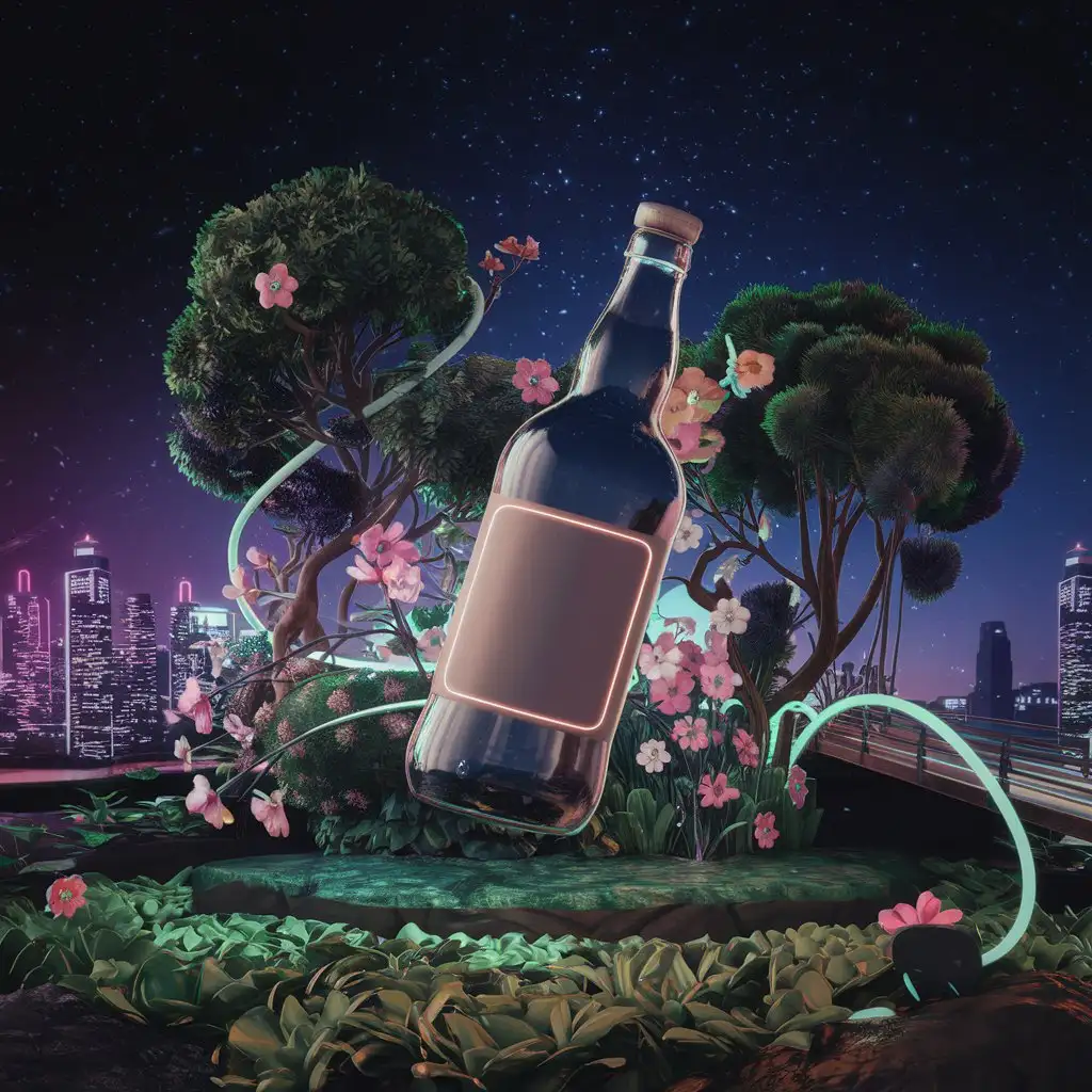 a bottle on a nature background and neon with 3d special effects