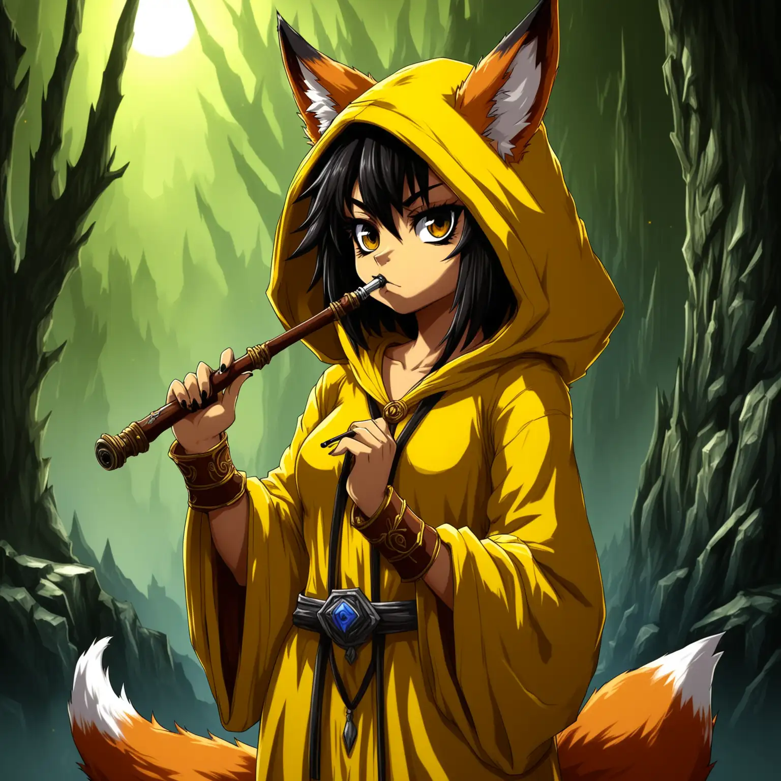 Furry-Fox-Anime-Girl-in-Yellow-Hooded-Robe-with-Pipe-Warcraft-Dark-Fantasy-Style