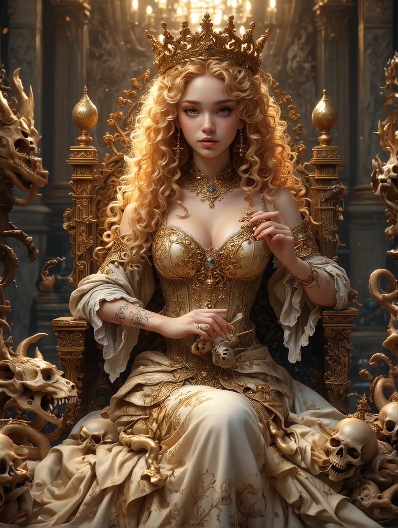 Fantasy-Princess-with-Golden-Dragon-Ornaments-in-Temple-Hall