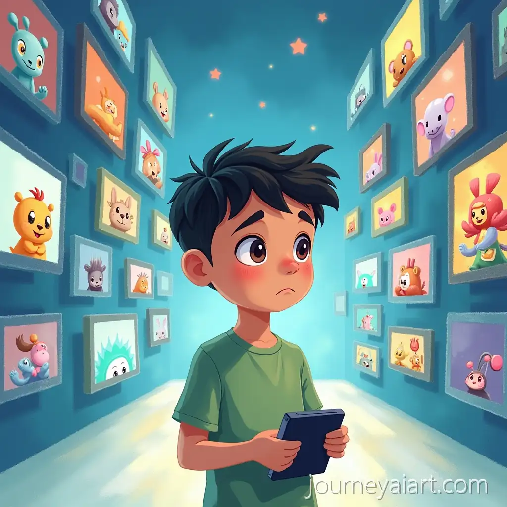 Tired-Child-in-Tablet-Land-Surrounded-by-Game-Characters