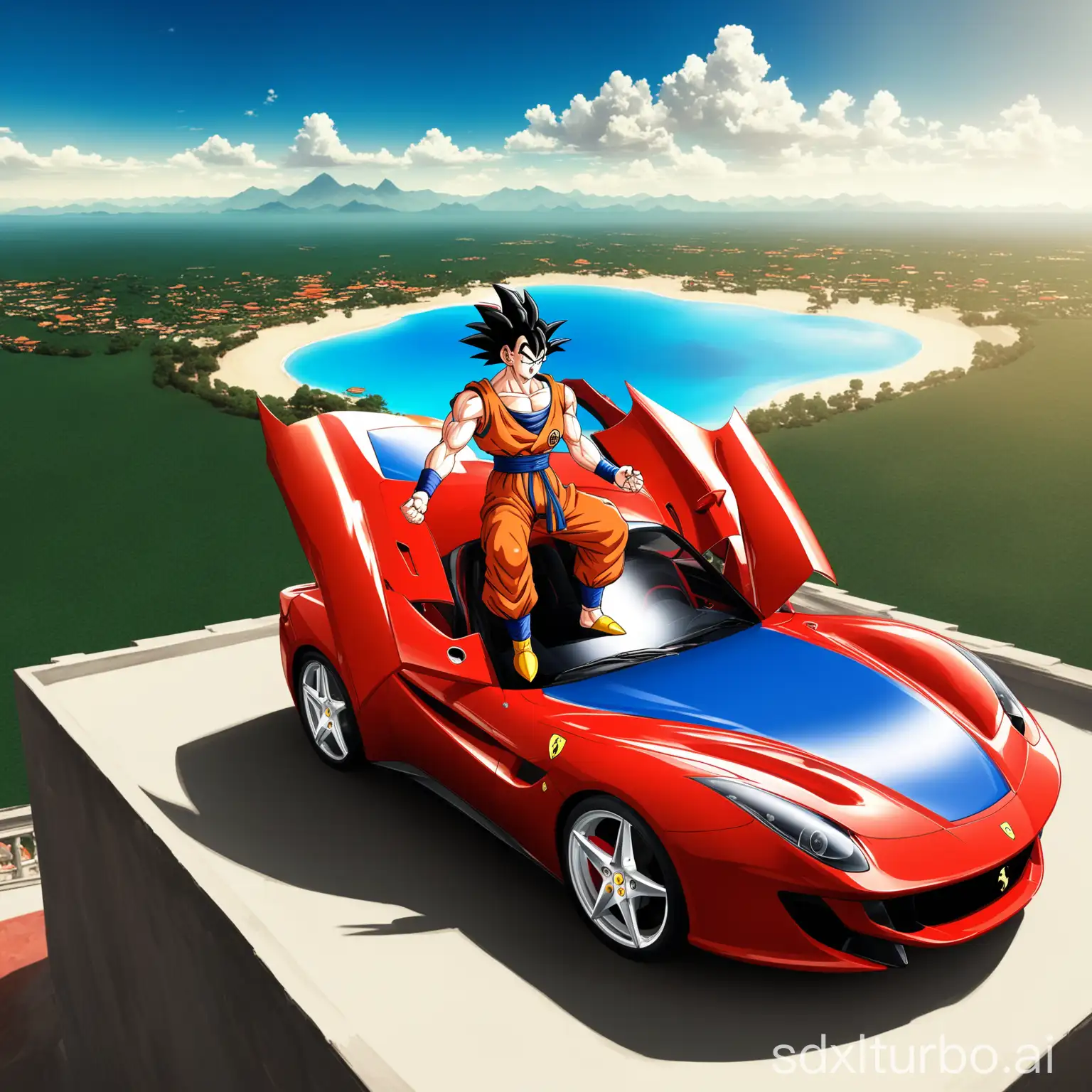 The dragon Ball z character, San Goku sitting on the hood of a Ferrari 812 Gts Red with a paradise view