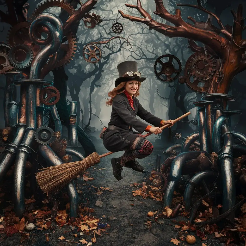 Steampunk Witch Riding Broomstick in Spooky Forest