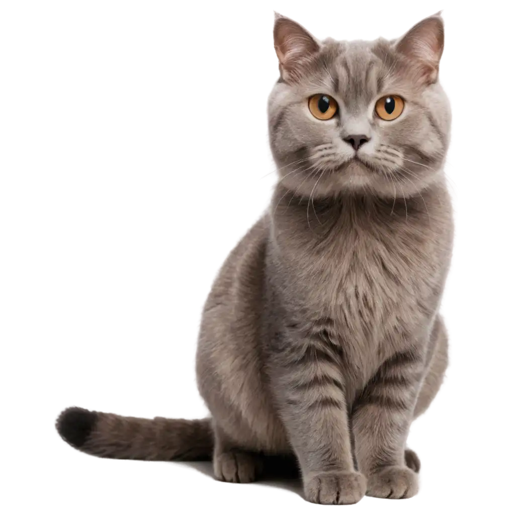 gray Scottish cat on white background looks directly at camera