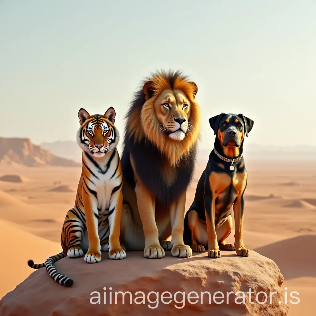 lion and a tiger and a rottweiler sitting on a rock in a desert