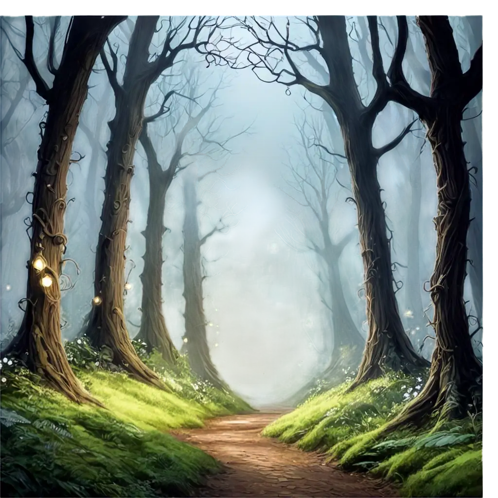 Enchanted Forest: Illustrate a dark, enchanted forest with silhouettes of tall, twisted trees and glowing mystical creatures like wisps, fairies, or glowing orbs. The design can include a hidden pathway leading to a mysterious, light-filled clearing, hinting at the unknown wonders that lie ahead.