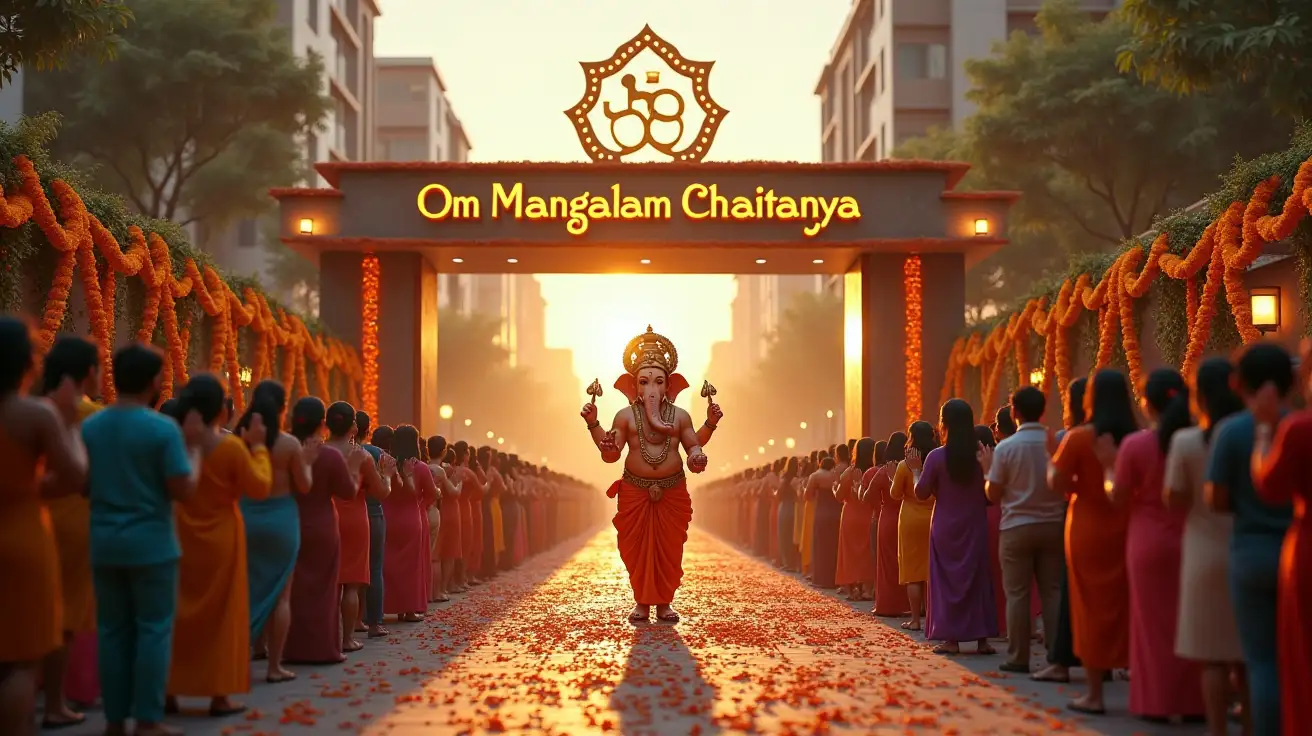 A hyper-realistic and very beautiful festival scene showing Lord Ganesha walking gracefully in front of a modern society gate. On the large bold nameplate of the gate, written in shining golden letters: “Om Mangalam Chaitanya”. A big crowd of men, women, and children are standing in lines on both sides of the path, all facing Lord Ganesha with folded hands, doing Namaskar. A few people are joyfully spreading flower petals on Lord Ganesha’s path. The gate and surroundings are decorated with marigold garlands, rangoli, and festive lights. Lord Ganesha looks divine and majestic, glowing with a soft golden aura, holding blessings. The whole atmosphere is vibrant, devotional, and celebratory — capturing the essence of Ganesh Utsav.