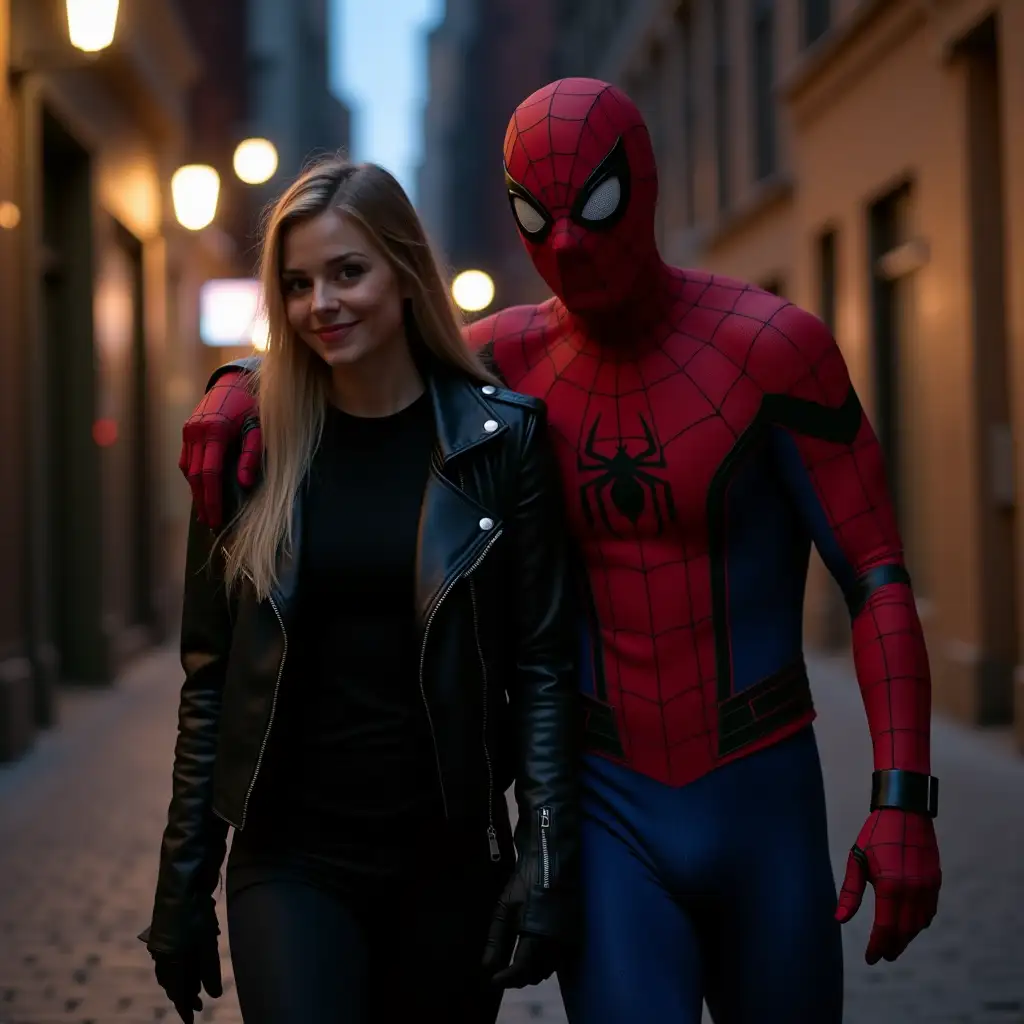 Spider-Man in his red and blue iconic suit hugging beautiful straight long hair female thief in black leather jacket over black t-shirt with black pants and gloves and they walking down in the alley of Manhattan at night.