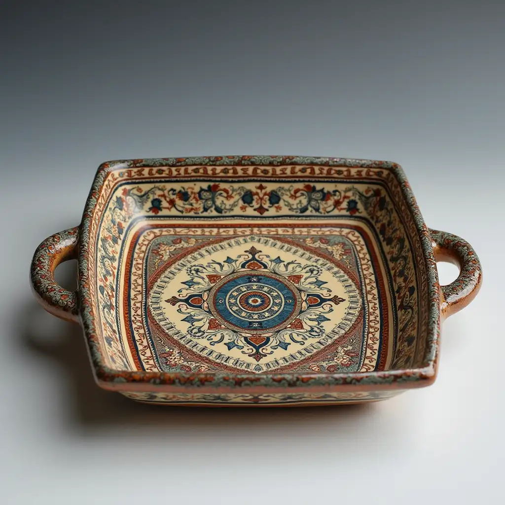 Square with rounded corners ceramic serving dish with embossed beautiful handle, antique and old, Qajar art, Iranian Tabriz carpet design