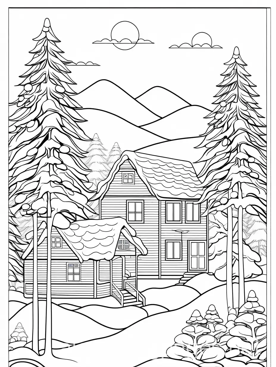 winter scene, Coloring Page, black and white, line art, white background, Simplicity, Ample White Space. The background of the coloring page is plain white to make it easy for young children to color within the lines. The outlines of all the subjects are easy to distinguish, making it simple for kids to color without too much difficulty