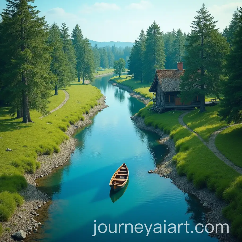 Scenic-River-Landscape-with-Wooden-Hut-and-Boat