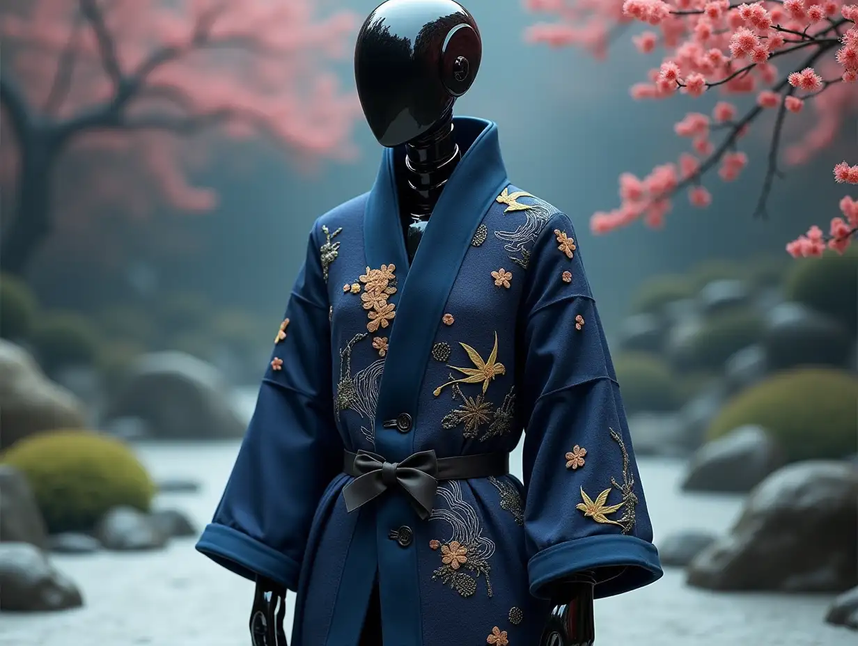 Create a 100MP fashion editorial of an avant-garde jacket blending Japanese art with futuristic minimalism, modeled by a polished black ceramic android robot. The jacket, made from 70/30 silk-wool in deep indigo blue (#2E2D88), features a structured silhouette with a high collar (5cm), pagoda shoulders (3cm padding), fitted chest, and asymmetrical hem (70:30 ratio). Details include Ukiyo-e embroidery (waves, cherry blossoms, cranes) in gold-to-silver thread, laser-cut Kanji characters, Shibori textures, burnout Jangseung patterns, and Sumi-e lining. The robot stands elegantly: one foot forward, torso turned 15°, one hand on the hip, the other touching the collar, face tilted slightly down. Set in a futuristic Zen garden with floating stone pathways, holographic cherry blossoms, and a digital Hokusai 'Great Wave' rendering. Lighting: 200x200cm softbox (5600K), RGB LEDs, 15% haze, laser-projected Kanji. Focus-stacked from 12 exposures in ProPhoto RGB, minimal post-processing.