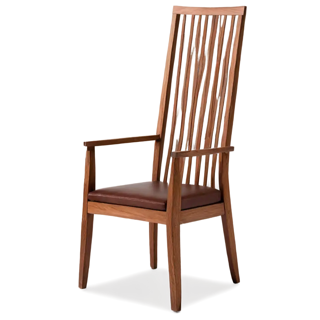 Create a single wooden muiracatiara chair in a contemporary style, with a square brown leather cushion only on the seat, high back in vertical slats, with arms inclined forward.