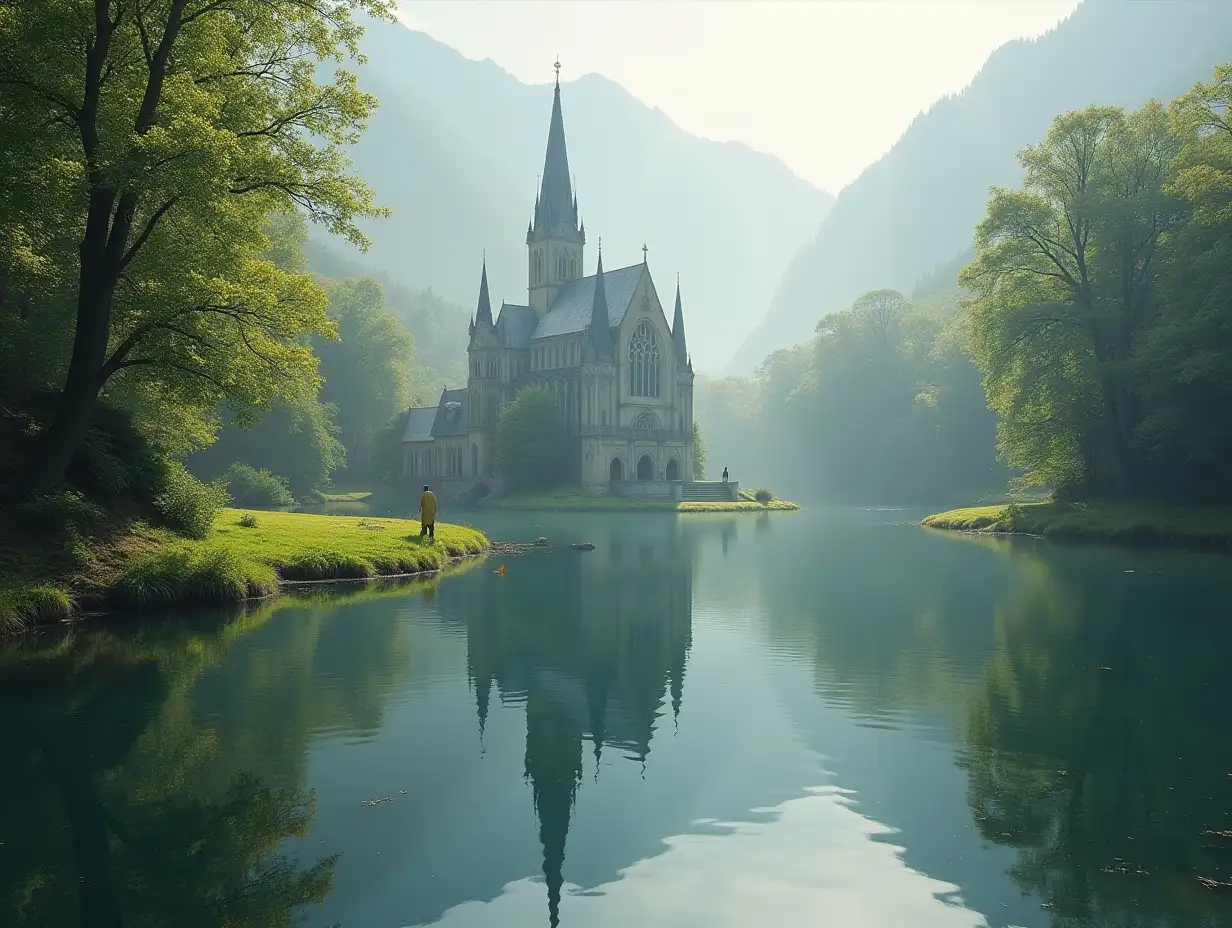 Cathedral by Serene peaceful glistening lake