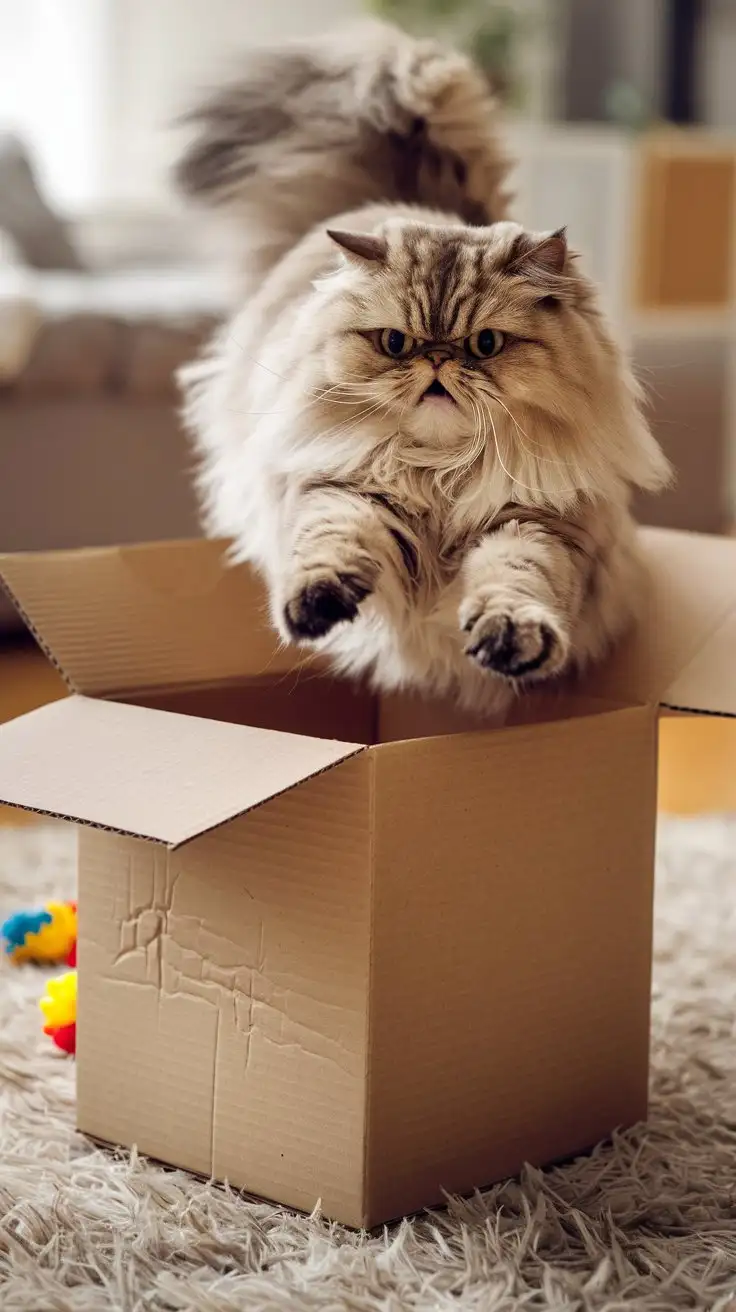 Fluffy-Persian-Cat-Struggling-to-Fit-into-TooSmall-Cardboard-Box