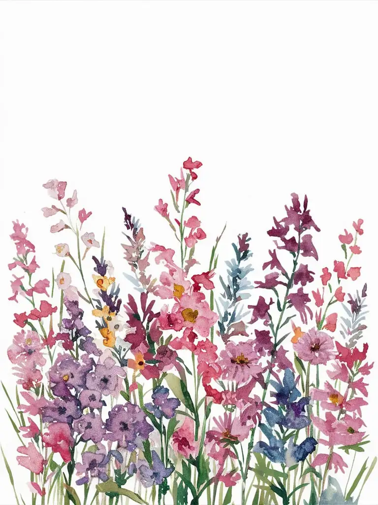 Colorful Watercolor Wildflowers on White Background