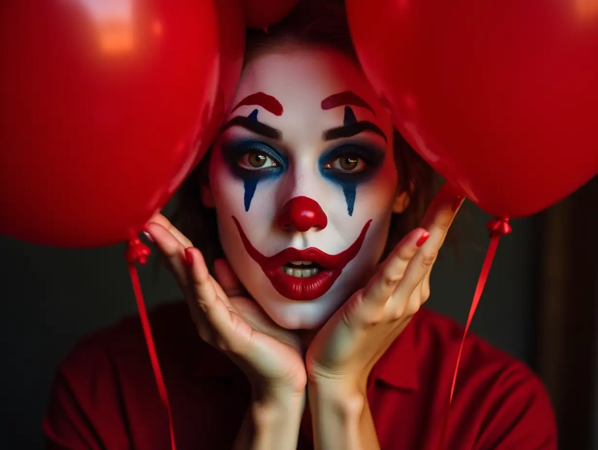 Fantasy portrait woman clown holding red balloons in hands, creative drawing professional halloween holiday makeup body art. Beauty face of girl. White red paint lips nose. Carnival widescreen banner