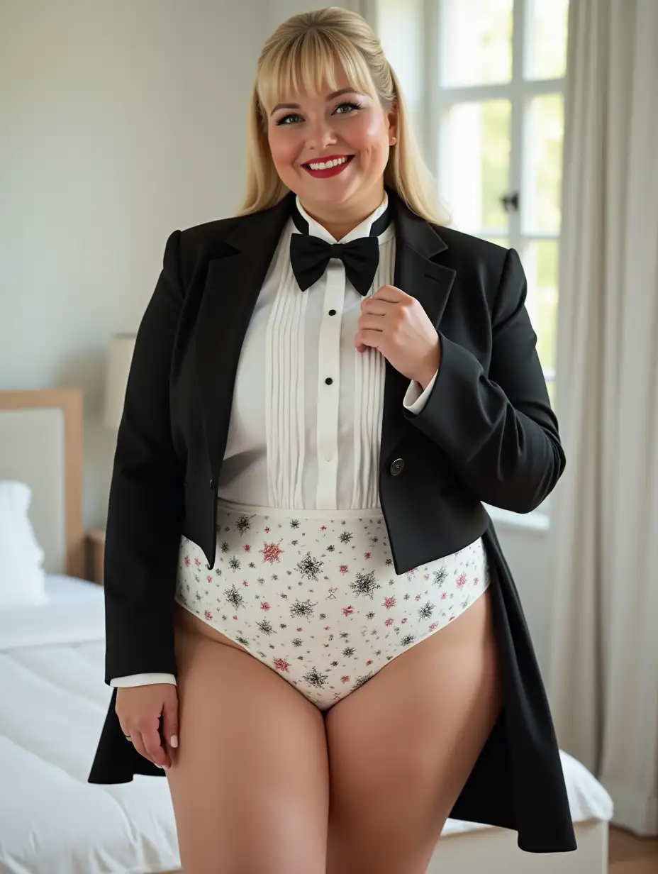 Smiling-MiddleAged-Woman-in-Formal-Orchestra-Tuxedo-in-a-White-Bedroom