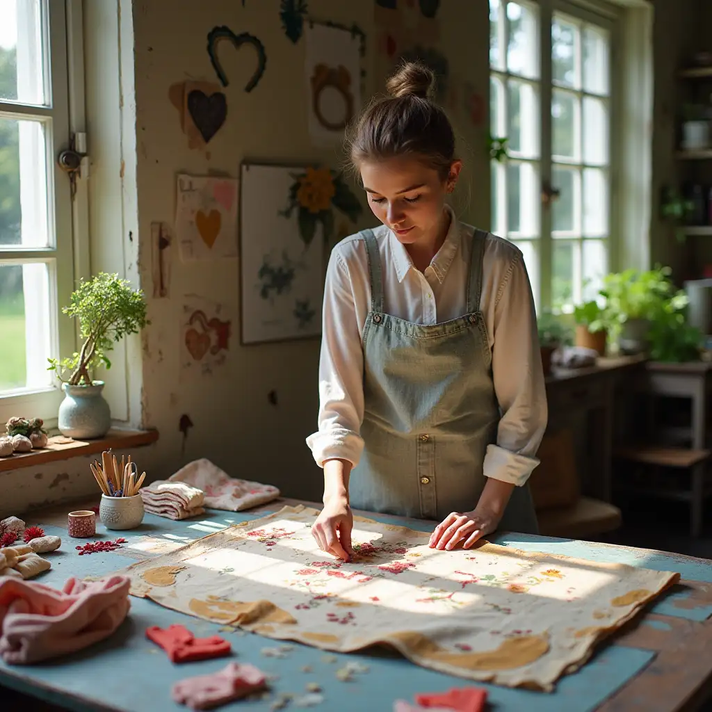 a woman with a sharp face that is designing clothes on a painted table in a room that her window opens to nature