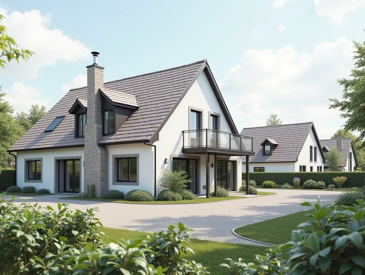 submission of a construction company of an elite cottage settlement with modern houses turnkey, a white atlas tape develops at the top of the image