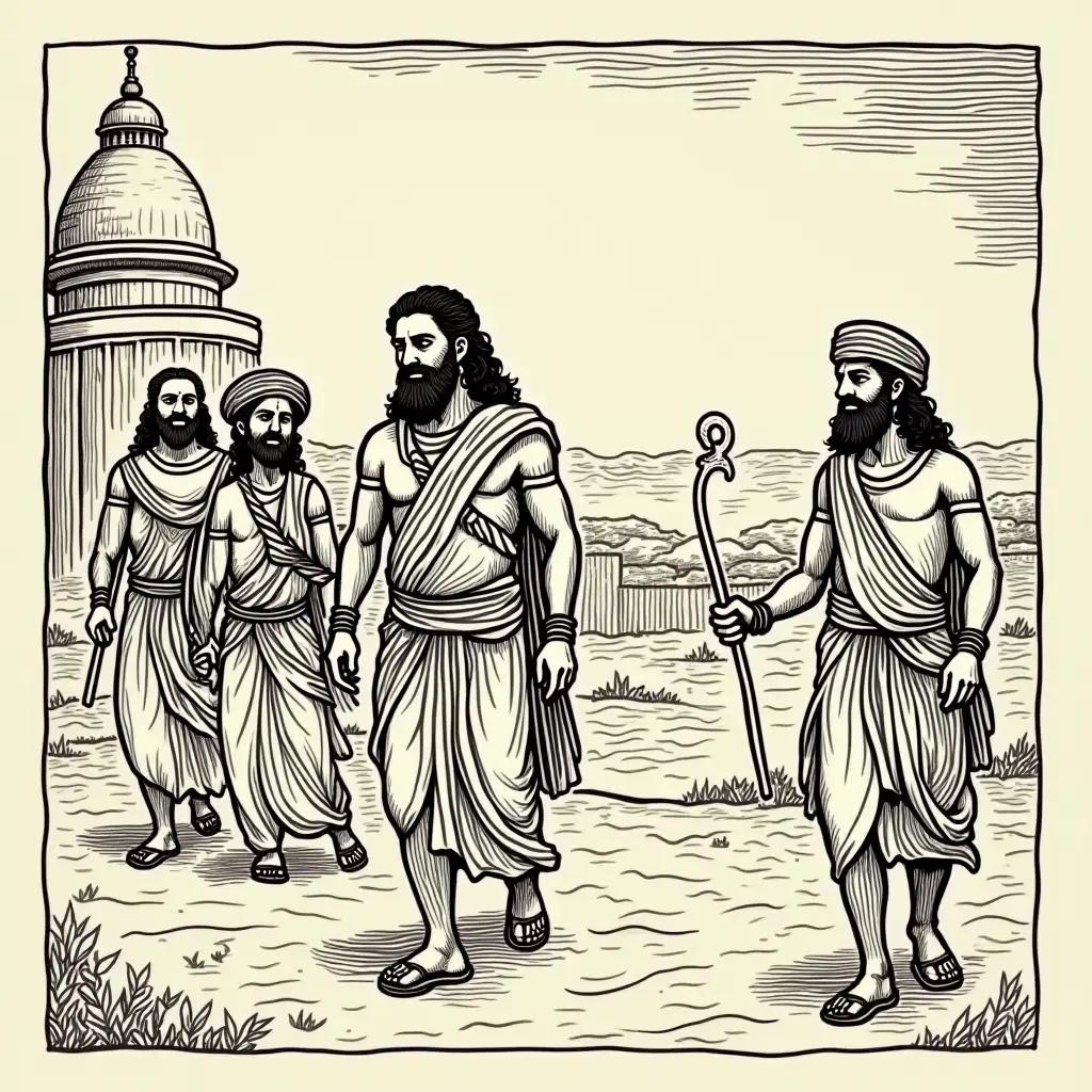 IN BLOCK PRINT STYLE, Rama, Sita, Lakshmana leaving Ayodhya for their 14-year exile