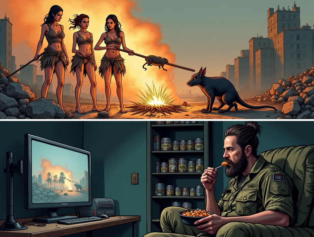 user_prompt: A picture is divided horizontally into two parts. At the top, on the ground among ruins, a group of three haggard, glamorous women with thin bodies in tattered rags are roasting a rat on a spit over a fire. At the bottom, from a bunker, a bearded man in camouflage is sitting on a couch, watching this scene with interest on a monitor screen, eating canned stew with a spoon. Along the wall of the bunker, shelves with rows of canned food. Caricature.