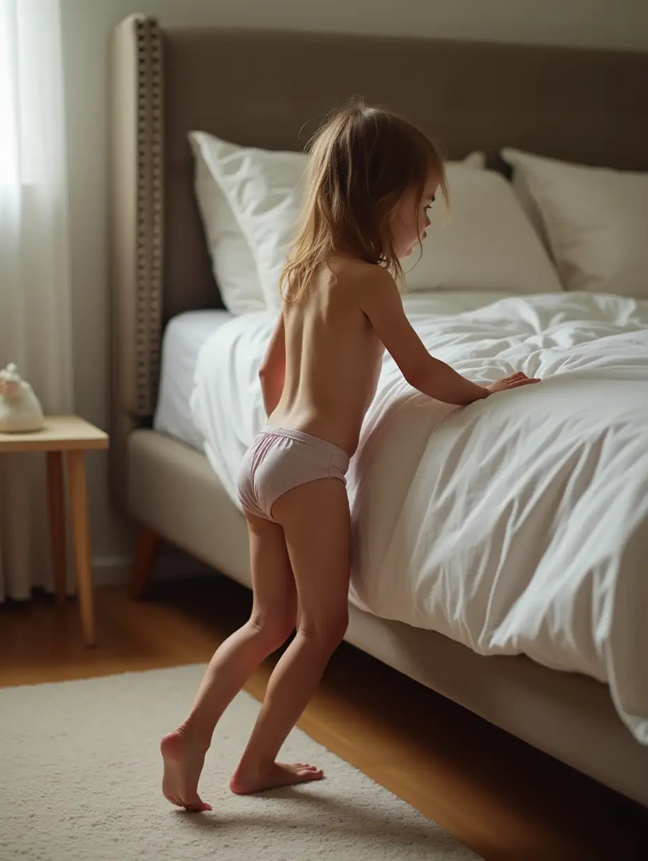 Very-Skinny-Little-Girl-Climbing-onto-Mattress-Beside-Bed