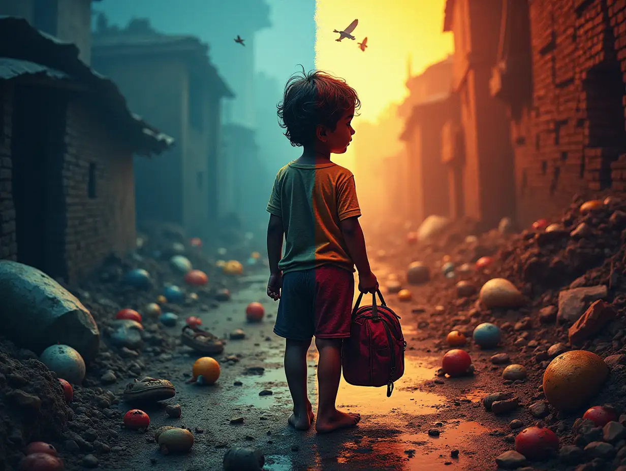 Create a dramatic and emotional thumbnail for a YouTube educational video titled 'Lost Spring Summary – Class 12 English'. The thumbnail should show: A sad, barefoot child holding a torn school bag (representing Saheb) A background split between a garbage dump and a brick kiln (representing child labor and poverty) Broken toys and worn-out shoes scattered in the scene A faded book or pen in the background, symbolizing lost education Bold, clear text that reads: 🔥 Lost Spring Summary 💔 Why Childhood is a Dream? Use emotional colors like dark blue, red, and yellow to highlight the contrast between hope and harsh reality Make it eye-catching, educational, and emotional to attract students and educators