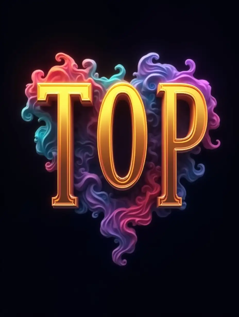 Create a logo for the team of TOP that has 3D and fantasy letters in gold color , the background should be black and there should be colorful neon-style smokes around, character design, 'mafiatime' , concept art, symmetry, golden ratio, evocative, award winning, shiny, smooth, HD, 3D