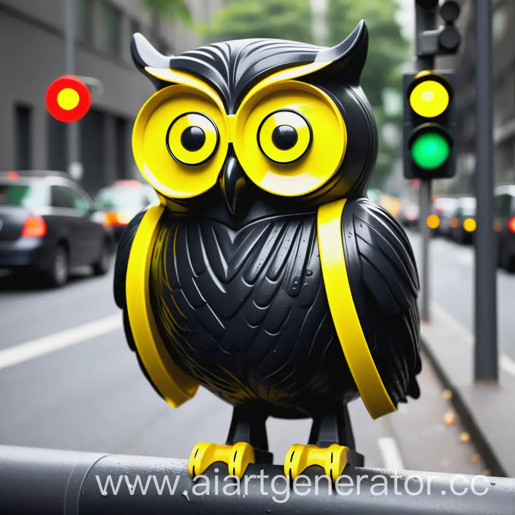 Black-and-Yellow-Owl-Perched-Resembling-a-Traffic-Light