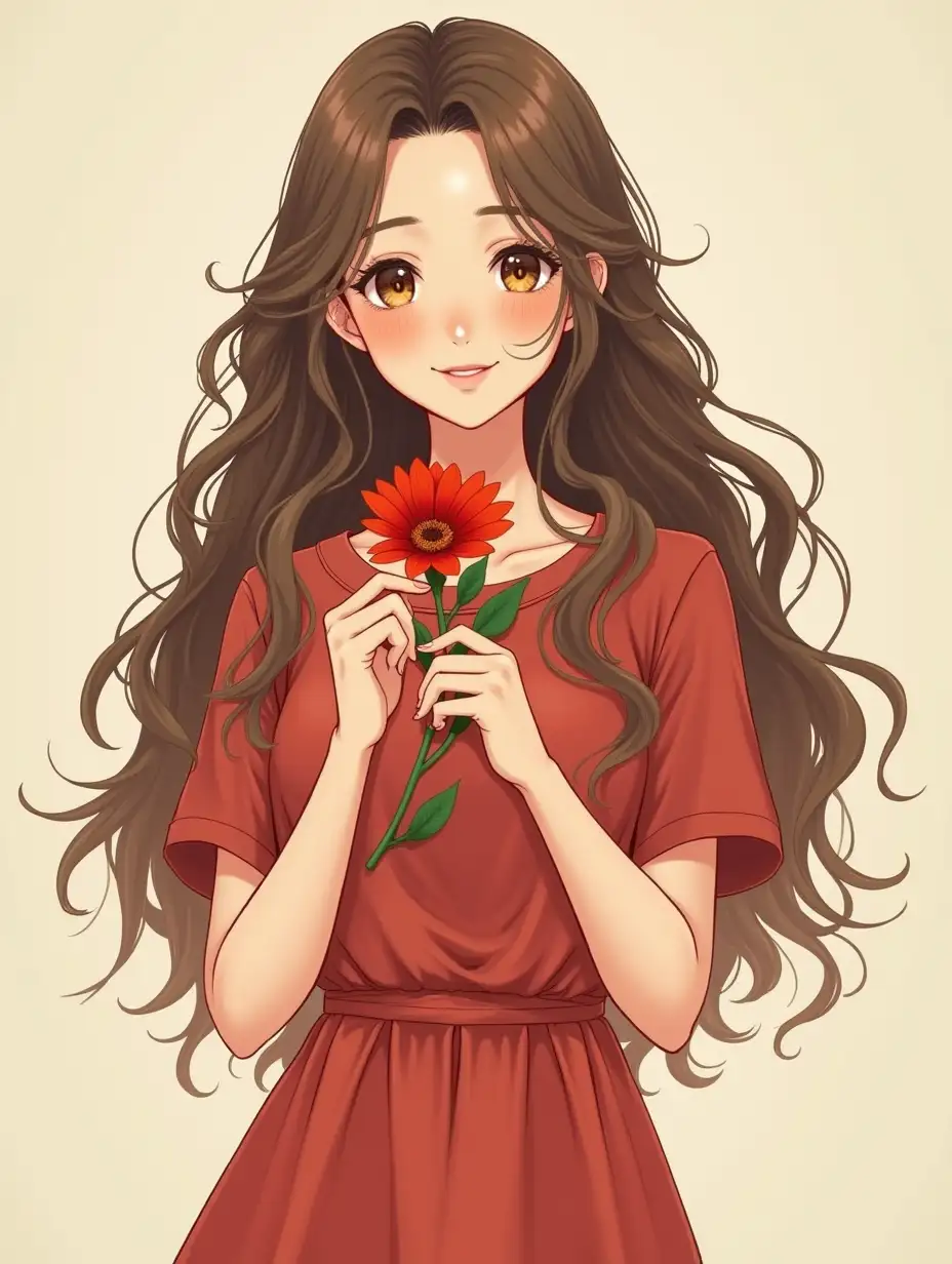 A real girl with a slightly filled figure, very beautiful and attractive, happy... The image should be full body, where she holds a red flower in her hand and has very soft and long hair... and her eyes are beautiful honey-colored.